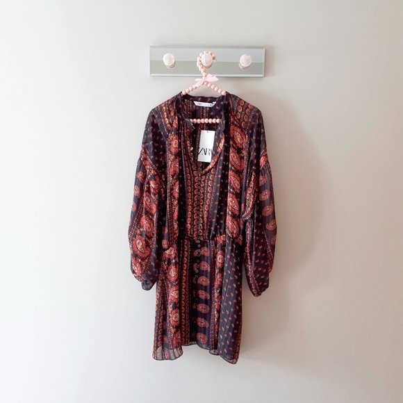 NWT Zara black paisley print boho mini dress, S - Picture 9 of 10